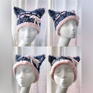 Handmade Cozy Pink and Navy Crochet Cat Ear Hat